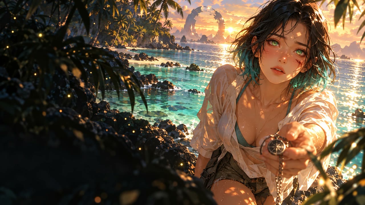 Mira sits on a rocky shore at sunset and holds out a compass, with a ring shaped structure on the horizon in Nacre.
