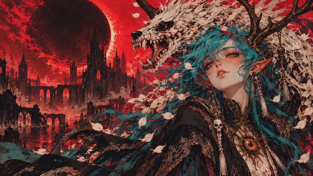 A blue haired woman in a bone headdress stands before a drowned gothic city under a red eclipse in The Last Vesper.